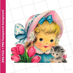 Numérique | Sweet Girl Pâques printemps chaton vintage carte de voeux Image Clipart | PNG JPEG