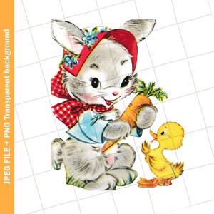 Digital Vintage Clipart / Conejito Blanco Zanahoria Pato Pascua Primavera Tarjeta de Felicitación Imagen Gráfica / PNG JPEG
