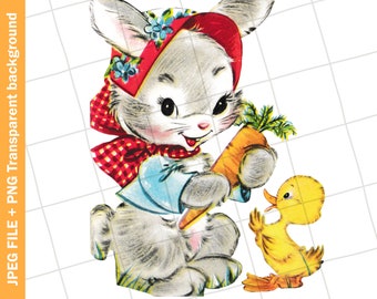 Digital Vintage Clipart | White Bunny Carrot Duck Easter Spring Greeting Card Graphic Image | PNG JPEG