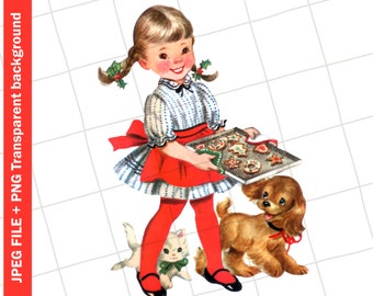 Digital Download | Little Girl Baking Christmas Cookies Clip Art Vintage Greeting Card Image #62 Sublimation PNG