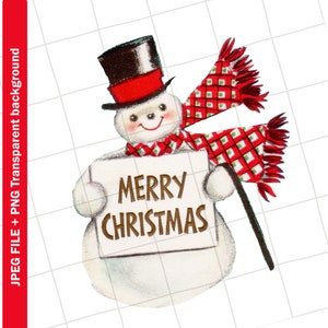 デジタル | 雪だるまの赤いスカーフのクリスマス ヴィンテージ グリーティング カード クリップアート画像 PNG JPEG