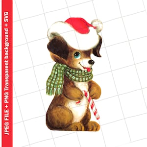 Numérique | Carte de voeux vintage Noël rouge père Noël chien chiot Clip Art image graphique sublimation téléchargement JPEG PNG