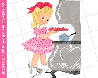 Vintage Digital Clipart | Girl Pink Dress Baking Cookies Cooking Graphic Image Sublimation | PNG JPEG