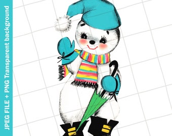 Digital Vintage Clipart | Snowman Blue Hat Umbrella Greeting Card Graphic Image | PNG JPEG