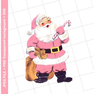 Digital | Pink Santa Claus Christmas Candy Cane Vintage Greeting Card Clip Art Graphic Image Sublimation Instant Download JPEG PNG