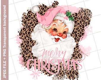 Vintage Clipart | Leopard Cheetah, Pink Santa Claus, Merry Christmas, Greeting Card, Graphic Image, Sublimation, PNG JPEG