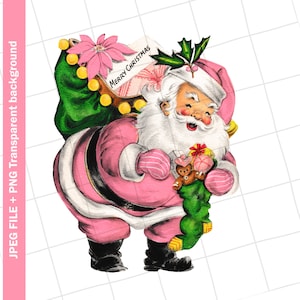 Digital Download | Pink Santa Claus Christmas Vintage Greeting Card Clip Art Graphic Image Sublimation | PNG JPEG