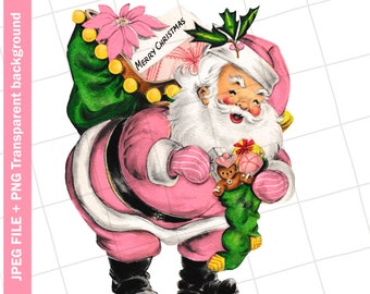 Digital Download | Pink Santa Claus Christmas Vintage Greeting Card Clip Art Graphic Image Sublimation | PNG JPEG