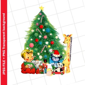Clipart vintage | Árvore de Natal Manhã Menino Brinquedo Panda Presente Cartão Vintage Clip Art Imagem Gráfica Sublimação PNG JPEG