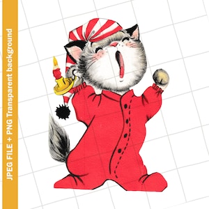 Digital | Kitten Cat Red Pajamas Santa hat Vintage Greeting Card Clip Art Graphic Image Sublimation PNG