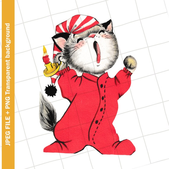 Digital Kitten Cat Red Pajamas Santa Hat Vintage Greeting Card Clip Art Graphic Image Sublimation PNG Etsy Canada