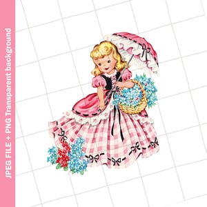 Digital Vintage Clipart / Charlotte Girl Pink Flower Parasole Gingham Tarjeta de felicitación Imagen gráfica / PNG JPEG