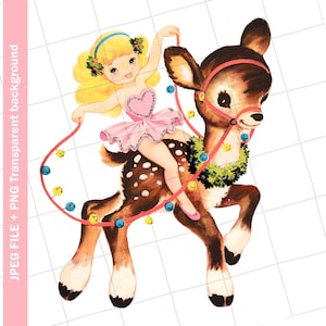 Digitale / Renna Ballerina Natale Vintage Biglietto d'auguri Clip Art Immagine grafica Sublimazione PNG JPEG