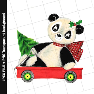 Imágenes prediseñadas digitales / Panda Bear Red Wagon Tree Navidad Vintage Tarjeta de felicitación Clip Art Imagen gráfica Sublimación Descarga instantánea JPEG PNG