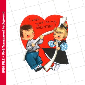 Clipart numérique vintage | Image graphique de carte de voeux coeur Saint-Valentin garçon fille avec coeur | PNG JPEG