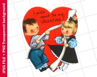 Digital Vintage Clipart | Valentine Boy Girl Wish Bone Heart Greeting Card Graphic Image | PNG JPEG