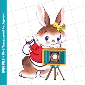 Digital | Bunny Camera Vintage Greeting Card Image Clip Art Graphic | JPEG PNG