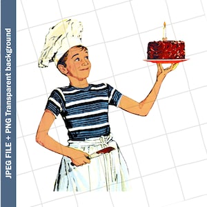 Vintage Digital Clipart | Boy Baking Cake Birthday Image Sublimation | PNG JPEG