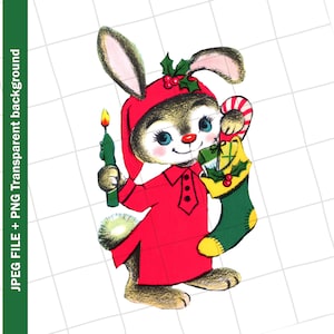Digital / Bunny Rabbit Candy Cane Stocking Vintage Tarjeta de Felicitación Clip Art Imagen Gráfica Sublimación PNG JPEG