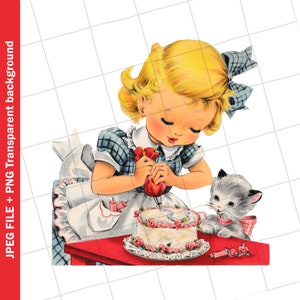 Vintage digitale Clipart | Mädchen Backen Kuchen Dekorieren Grußkarte Grafikbild Sublimation | PNG JPEG