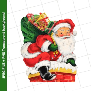 Digital Vintage Clipart | Red Santa Bag Toys Chimney Greeting Card Graphic Image | PNG JPEG