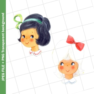 Digital Vintage Clipart / Ragazza bambola testa capelli bianchi neri immagine grafica cartolina d'auguri / PNG JPEG