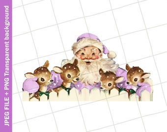 Digital Vintage Clipart | Purple Santa Reindeer Christmas Greeting Card Image Graphic | PNG JPEG