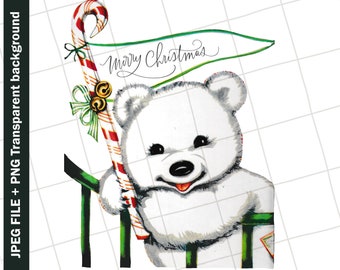 Digital | Polar Bear White Candy Cane Christmas Vintage Greeting Card Clip Art Graphic Image Sublimation PNG