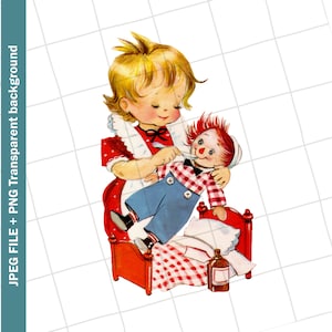 Digital | Girl Doll Red Dress Raggedy Ann Vintage Clip Art Image Sublimation | PNG JPEG