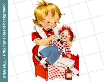 Digital | Girl Doll Red Dress Raggedy Ann Vintage Clip Art Image Sublimation | PNG JPEG