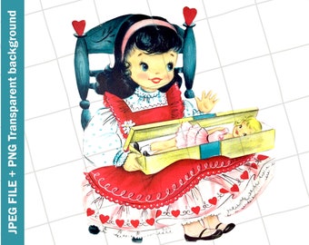 Vintage Digital Clipart | Girl Doll Present ImageGreeting Card Graphic Sublimation | PNG JPEG