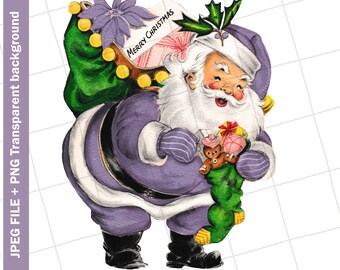 Digital Download | Purple Santa Claus Christmas Vintage Greeting Card Clip Art Graphic Image #111 Sublimation | PNG JPEG