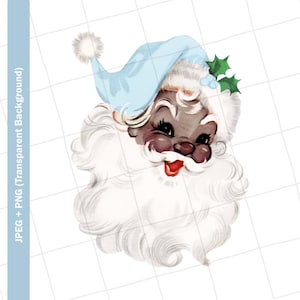 Vintage Digital Clipart | Blue Hat Santa Claus African American Christmas Vintage Greeting Card Clip Art Graphic Image Sublimation PNG JPEG