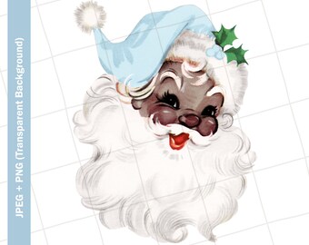 Vintage Digital Clipart | Blue Hat Santa Claus African American Christmas Vintage Greeting Card Clip Art Graphic Image Sublimation PNG JPEG