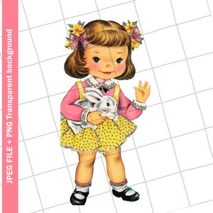 Digital Download | Girl Bunny Yellow Dress Easter Vintage Clip Art Image Graphic | PNG JPEG