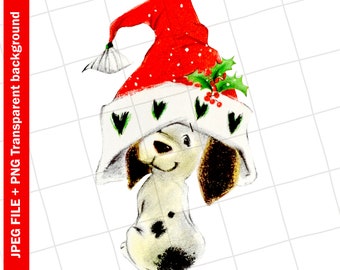 Digital | Dalmatian Puppy Dog Santa hat Vintage Greeting Card Clip Art Graphic Image Sublimation PNG