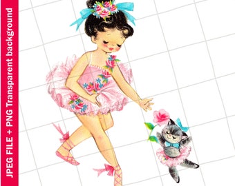 Vintage Digital Clipart | Girl Pink Dress Kitten Ballerina Graphic Image Sublimation | PNG JPEG