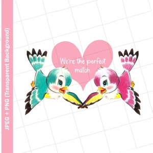 Vintage Digital Clipart / Love Birds Corazón Valentine Vintage Tarjeta de Felicitación Clip Art Imagen Gráfica Sublimación PNG JPEG