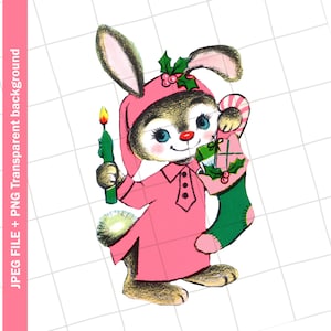 Digital | Hase Kaninchen rosa Zuckerstange Strumpf Vintage Grußkarte ClipArt Grafik Bild Sublimation PNG JPEG