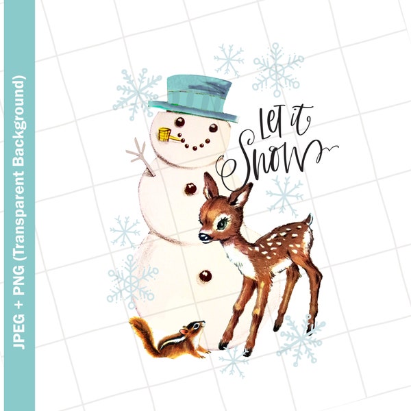 Vintage Digital Clipart | Snowman, Snowflake, Deer, Woodland, Vintage Greeting Card, Clip Art, Graphic, Image, Sublimation, PNG JPEG