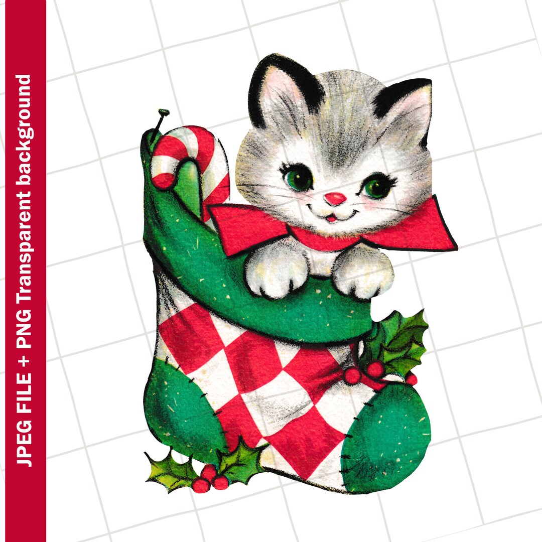 Digital | Christmas Cat Kitten Stocking Vintage Greeting Card Clipart ...