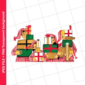 Digital | Familie Weihnachten fünf Junge Mädchen Vintage Grußkarte Clip Art Grafik Bild Sublimation Sofortiger Download JPEG PNG