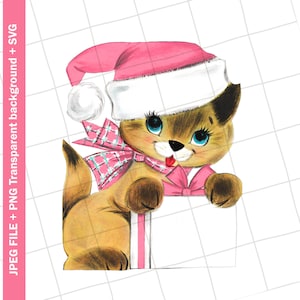 Digital | Pink Santa Cat Kitten Christmas Vintage Greeting Card Clip Art Graphic Image Sublimation Instant Download JPEG PNG