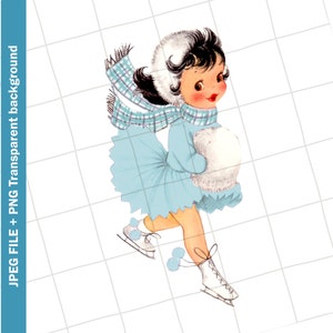Digital Vintage Clipart | Girl Blue Dress Skater Winter Image Greeting Card Graphic Sublimation | PNG JPEG