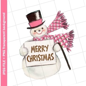 デジタル | 雪だるま ピンク スカーフ クリスマス ヴィンテージ グリーティング カード クリップアート 画像 PNG JPEG