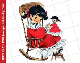 Digital Vintage Clipart | Krissy Girl Red Rocking Chair Doll Greeting Card Graphic Image | PNG JPEG