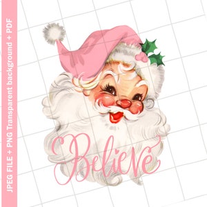 Clip-art vintage | Rosa Papai Noel Palavra Arte Natal Acredite Cartão Vintage Imagem Gráfica Sublimação PNG JPEG
