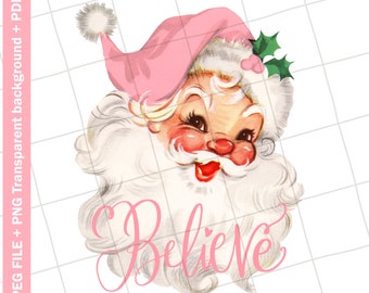 Vintage Clip art | Pink Santa Claus Word Art Christmas Believe Vintage Greeting Card Graphic Image Sublimation PNG JPEG