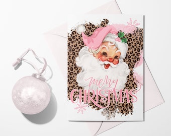 Printable Card | Leopard Pink Santa Claus, Christmas Vintage Greeting Card Reproduction, JPEG, PDF