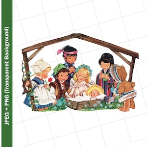Vintage Digital Clipart | Nativity Manager Children Christmas, Vintage Greeting Card, Clip Art, Graphic, Image, Sublimation, PNG JPEG